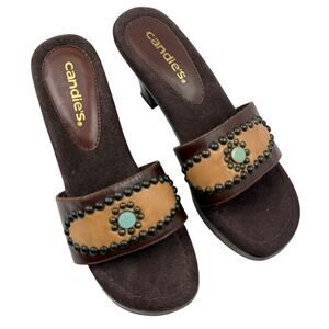 Vtg Candie’s Studded Leather Slide Sandals Brown Western Y2K Mule Heels Size 7